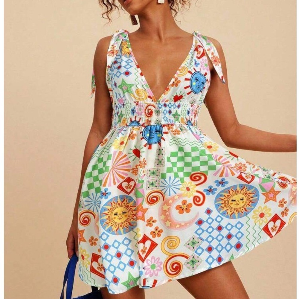 Celestial Sun Moon Tie Shoulder Smocked Mini Dress White Multi Vacation Small 4